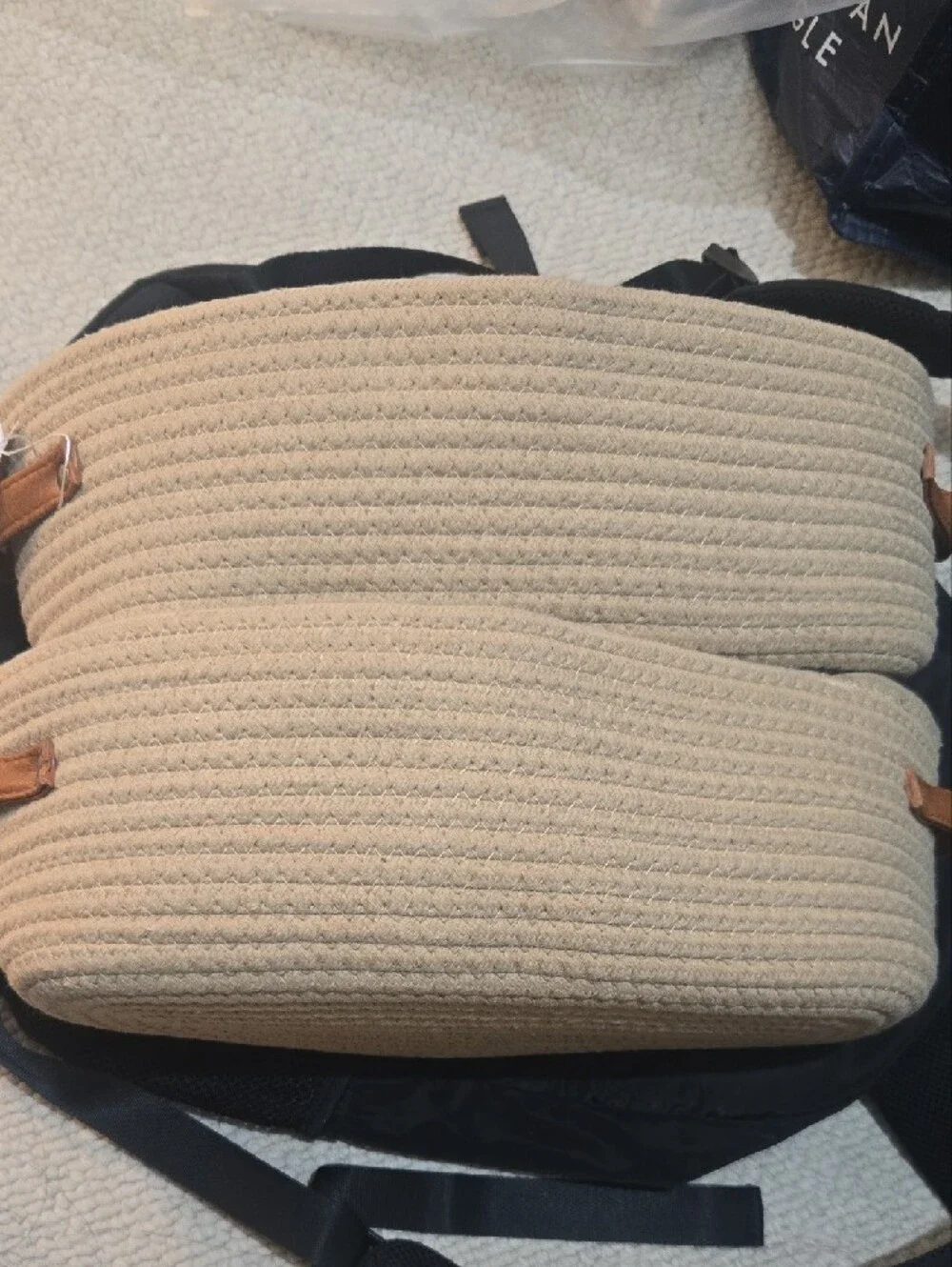 Woven Rope Storage Baskets with Leather Handles - Twin Set, Beige